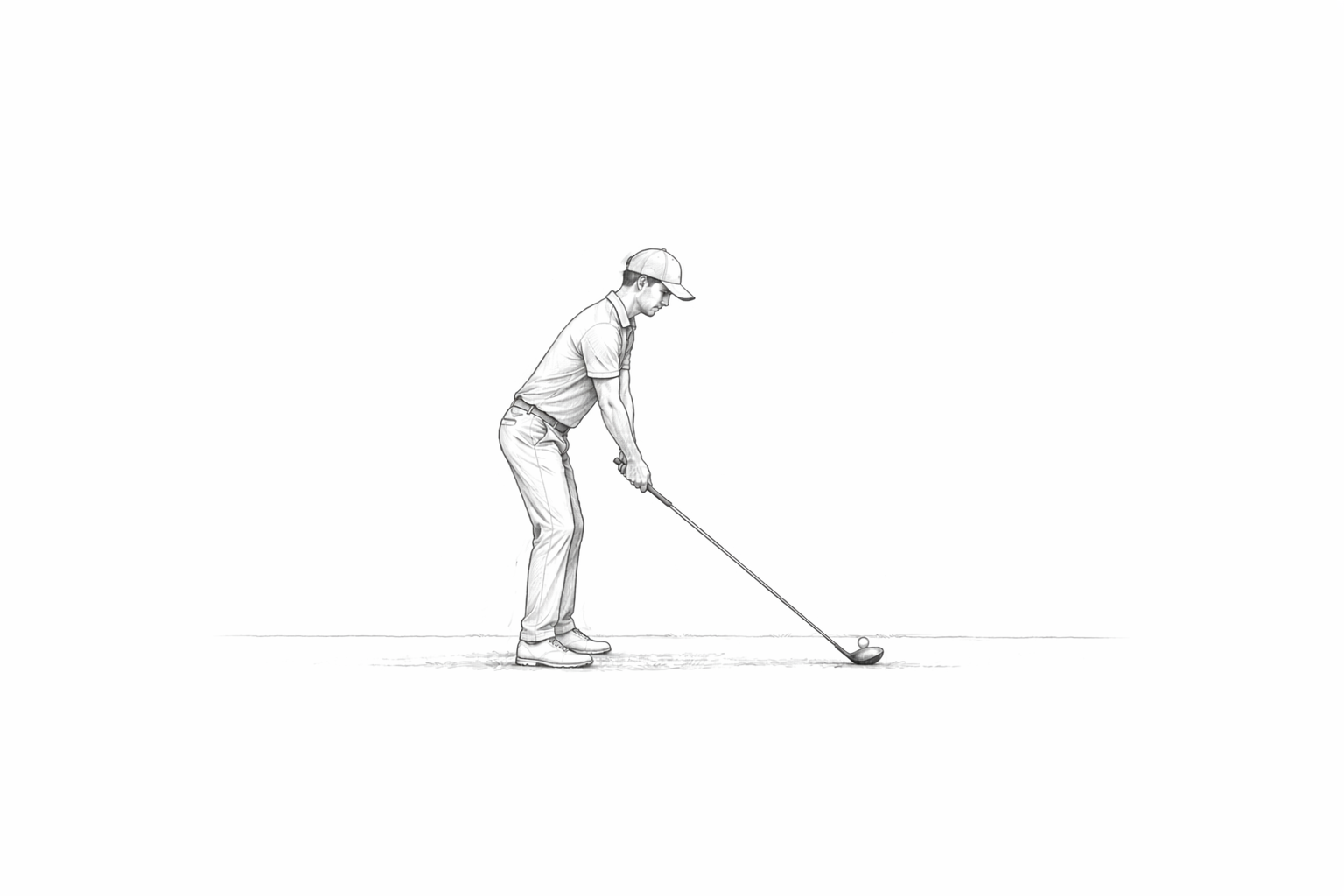 Waist-height camera, full body in frame, golfer side-on for a down-the-line view.